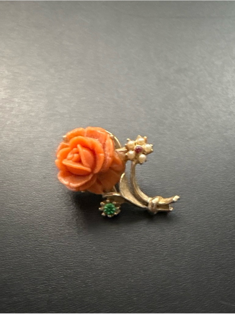 Vintage Orange Rose Floral  Pin with Gold-Tone Accents
